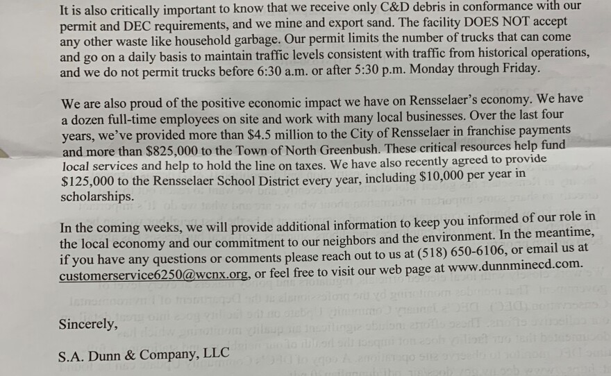 A letter sent to Rensselaer residents from the Dunn landfill, part 2 (photo cropped for visibility)