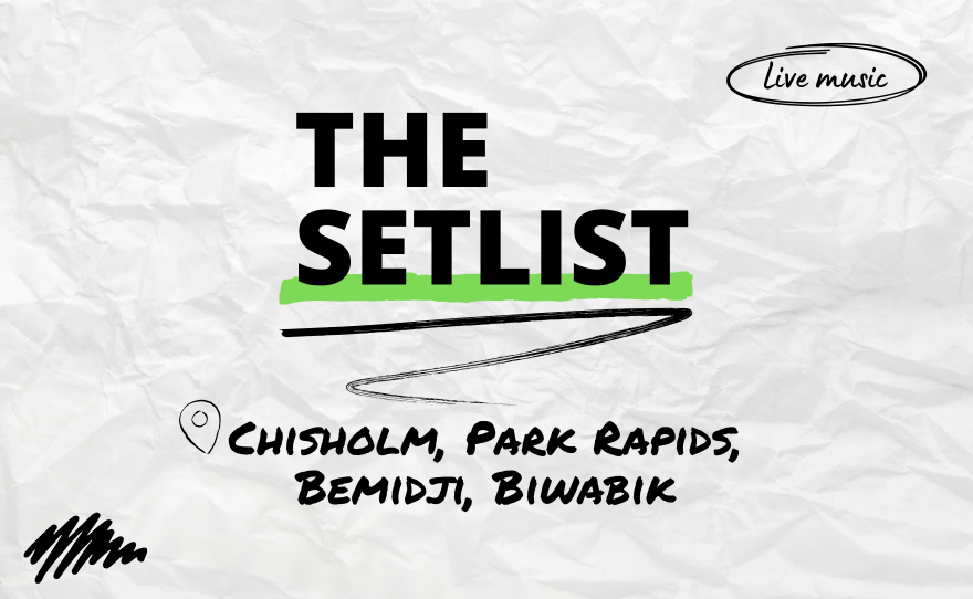 "The Setlist" and "Chisholm, Park Rapids, Bemidji, Biwabik" written over a crumpled paper background.