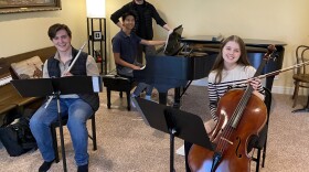 Alex Brady, Caleb Lee, Nicholas Dold, and Sylvia Brown at a Kansas City Young Chamber Musicians Rehearsal