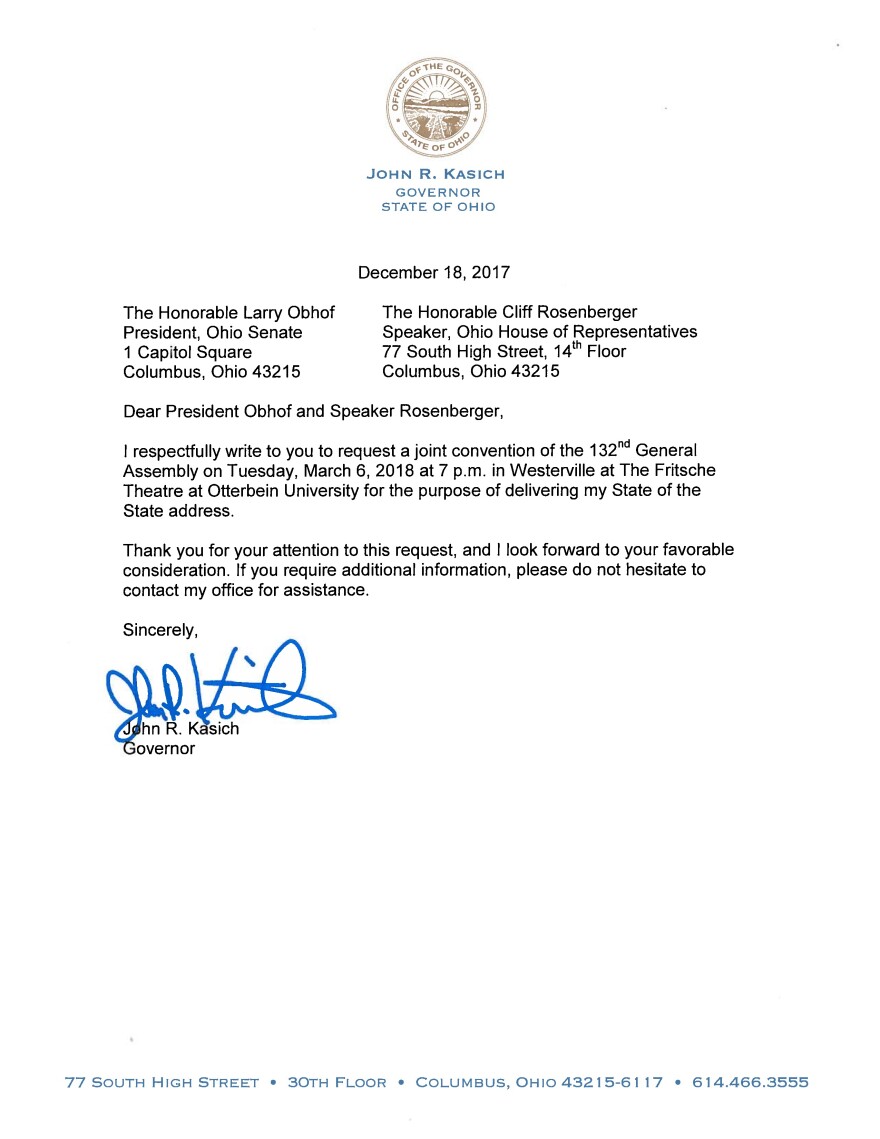 Gov. John Kasich's letter to the General Assembly, requesting their approval for him to deliver his State of the State speech at Otterbein University in Westerville on March 6.