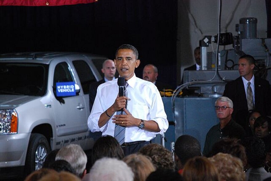 Barack Obama speaking in Flint, MI during the 2008 campaign