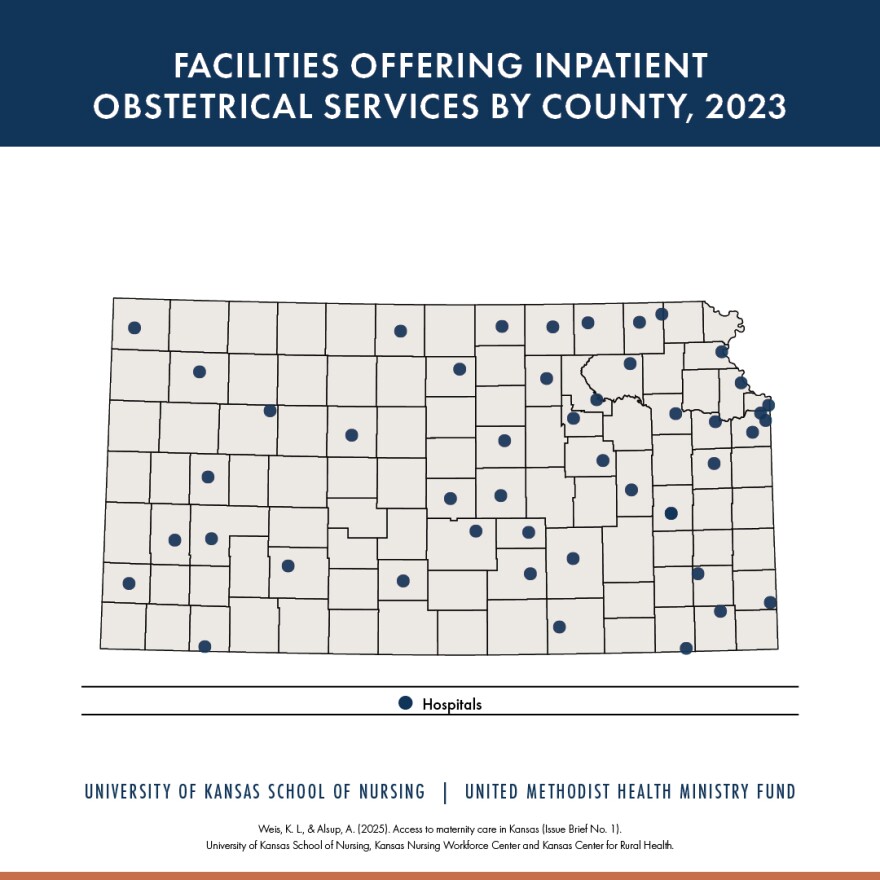 This map shows large spaces between facilities that offer obstetrical care in western Kansas.
