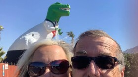 Amy Collins and Tim Clark and a very large friend in Cabazon, California. 