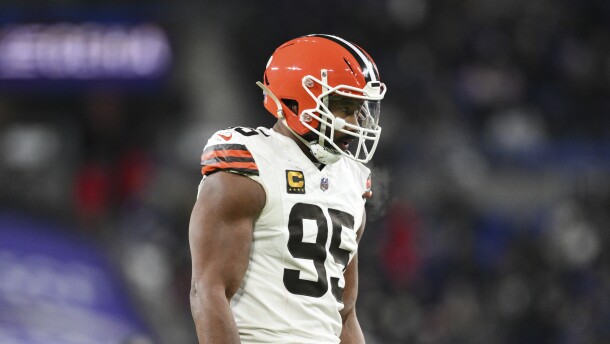 Cleveland Browns defensive end Myles Garrett (95) looks on between plays during the first half of an NFL football game against the Baltimore Ravens, Saturday, Jan. 4 2025, in Baltimore.
