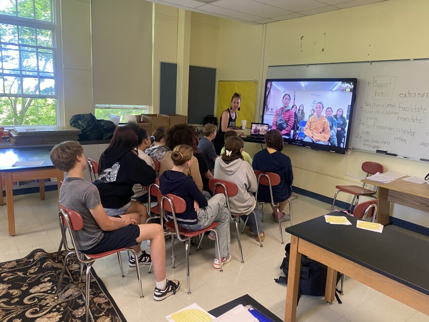 Middle school students in Provincetown IB Schools video call with their pen pals in Mertarvik on June 3, 2025.