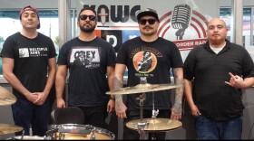 Members of the band Desorden in the KAWC/KOFA Border Radio studio: (left to right) Sal Rosas, Hector Castillo, Mylo Perez and Carlos A Tovar.