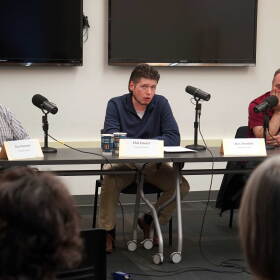 Tim Navarre, Phil Daniel and Alex Douthit participate in a candidate forum hosted by KDLL 91.9 FM at the Kenai Community Library in Kenai, Alaska, on Wednesday, Sept. 30, 2026.