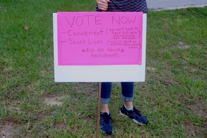 A volunteer spent her Friday afternoon walking around the perimeter of the Reitz Student Union holding a sign encouraging people on the premises to vote. (Natalia Galicza/WUFT)