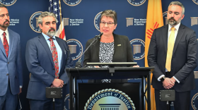 New Mexico PTA representative Renata Witte speaks about proposed legislation to combat hazing and cyberbulling, January 16, 2025. From left to right are state senator Moe Maestas; eighth judicial district attorney Marcus Montoya; Witte, and New Mexico attorney general Raúl Torrez.