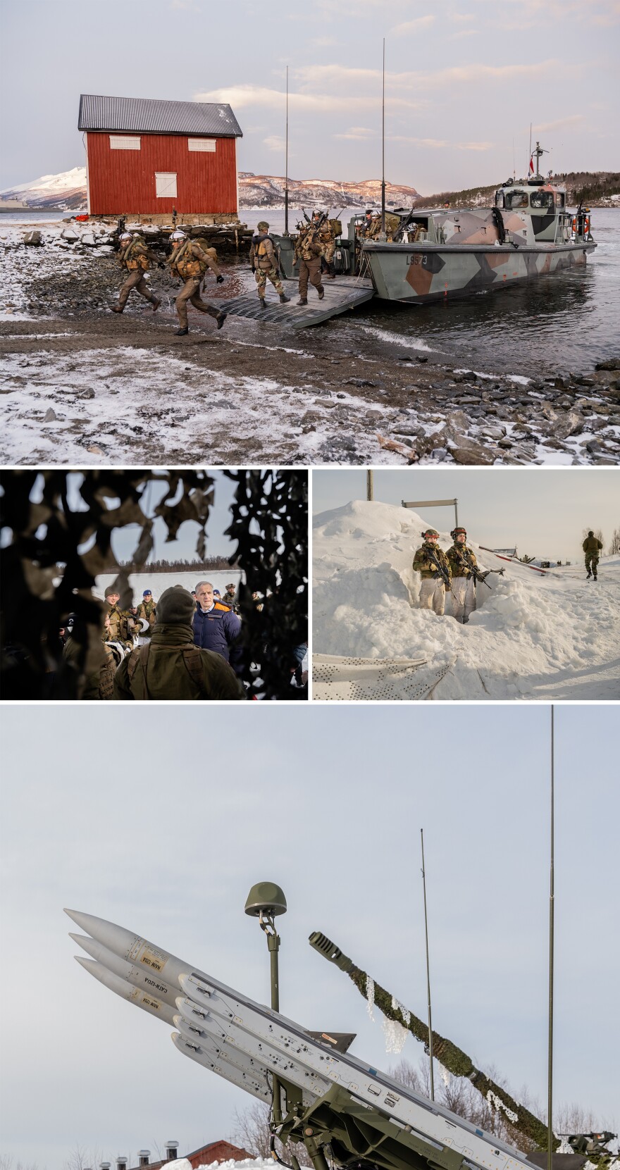 Top: Dutch troops practice an amphibious landing during NATO war games in Norway. Left: Norwegian Prime Minister Jonas Gahr Støre reviews soldiers and missile systems.