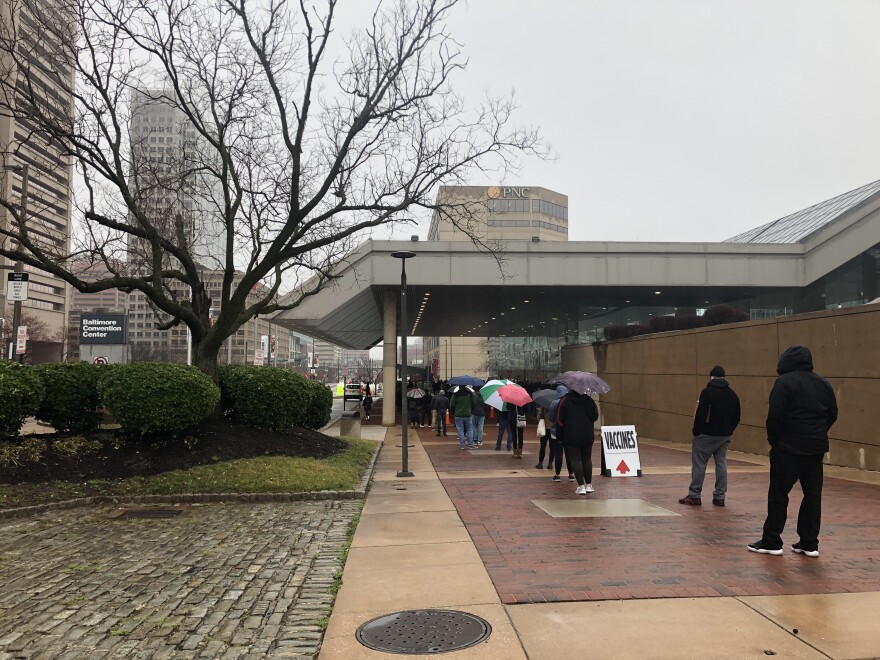 Residents waiting for vaccines at the Baltimore Convention Center