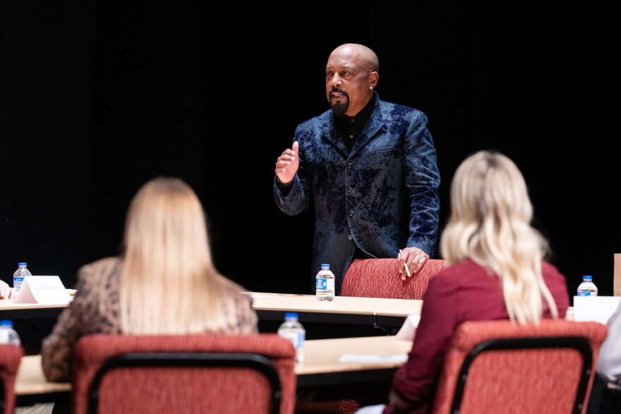Daymond John speaks to a group of Pittsburg State students before his presentation at the Bicknell Family Center for the Arts.