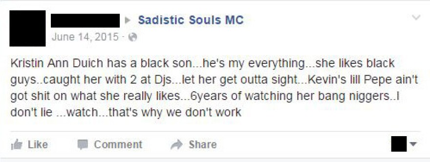 A second example of a Facebook post that was flagged where racial slurs were used.