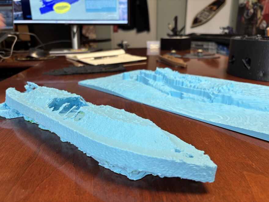 Models of the USS Monitor shipwreck made with Northrup Grumman's new sonar data, seen at the Mariners' Museum in Newport News on March 9, 2026.