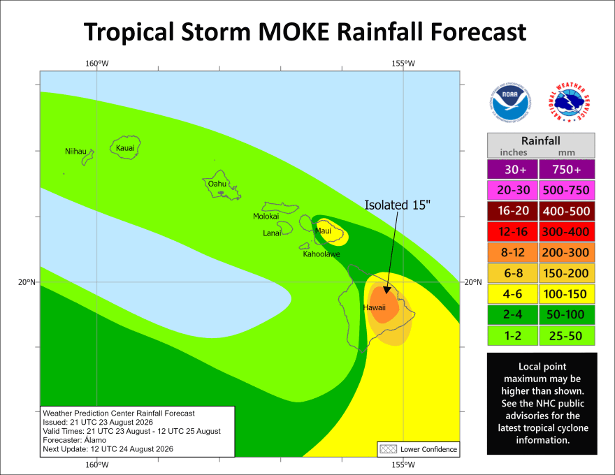 The Central Pacific Hurricane Center warns that rainfall from Tropical Storm Moke may produce life-threatening flooding and mudslides for the windward and southeast Big Island, especially in steep terrain and over areas that were affected recently by Lala.