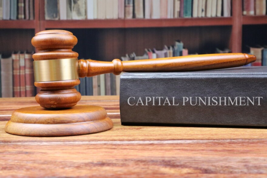 A wooden gavel sits next to a thick book titled, "Capital Punishment."