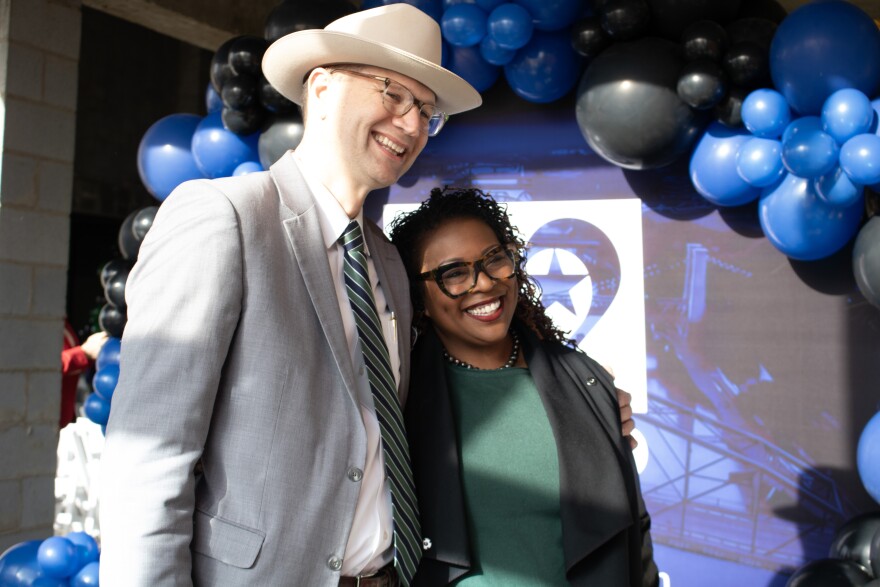 Council members Josh Borderud, left, and Andrea Baefield pose for a picture before the groundbreaking ceremony at the Bledsoe-Miller STEAM Center for Excellence on January 16, 2025.
