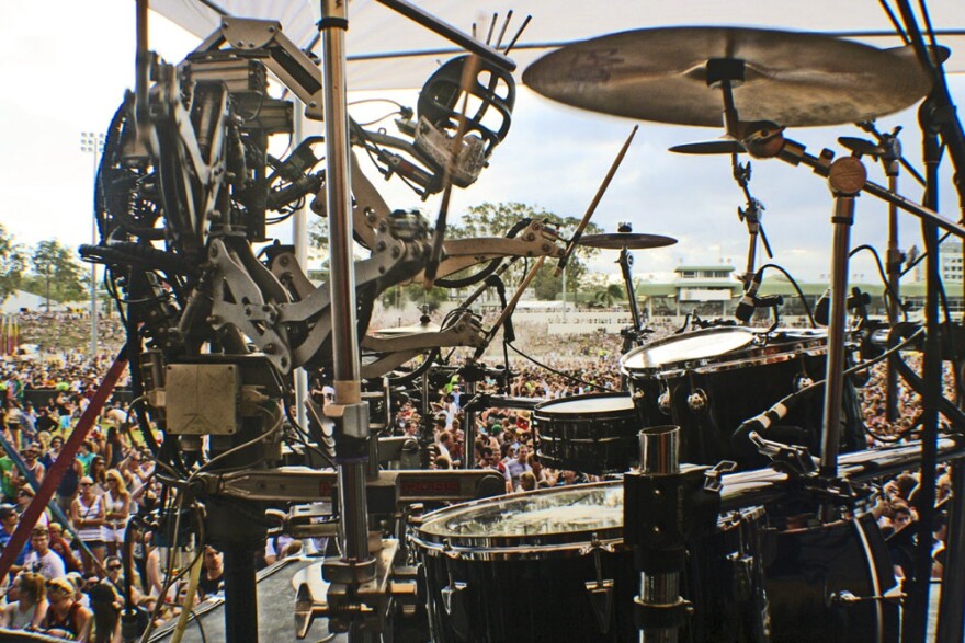 Stickboy, Compressorhead's four-armed drummer rocks out in front of thousands of fans at the Big Day Out music festival.