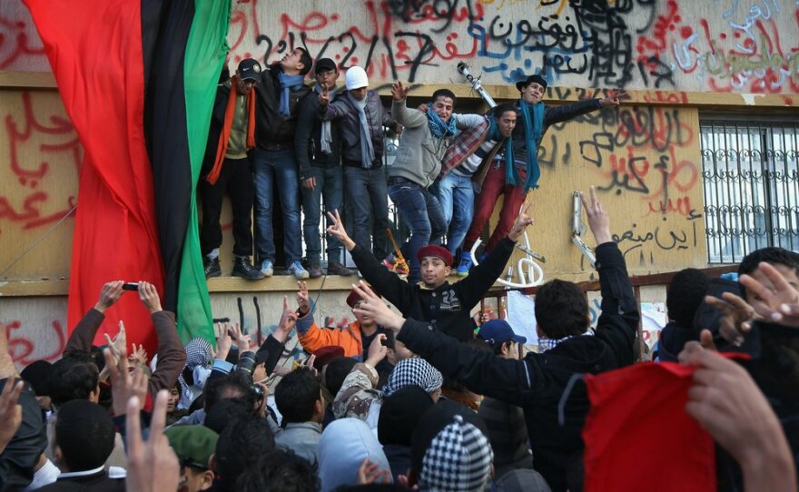 Crowds celebrate in Benghazi on Saturday, still demanding Gadhafi's removal from power.