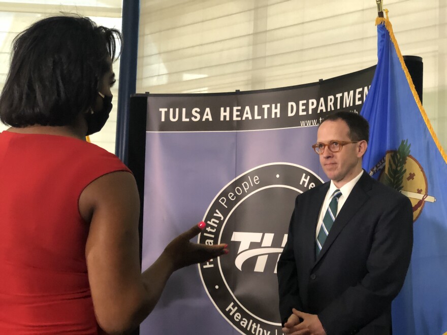 Tulsa Mayor G.T. Bynum speaks with reporters following a July 7, 2020, press conference at Tulsa Police Department headquarters.