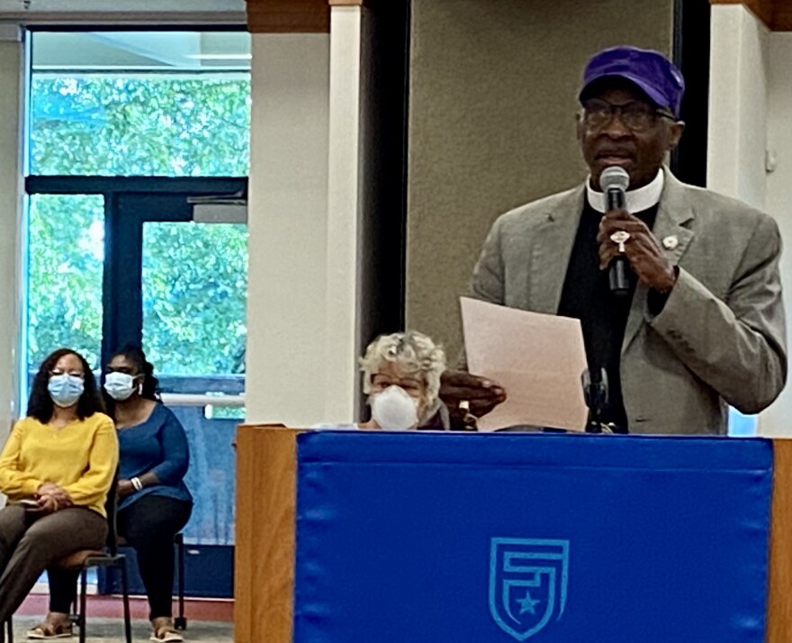 Rev. Anthony Spearman speaks during a public meeting on redistricting held at Forsyth Technical Community College in September 2021. The civil rights advocate and former president of the North Carolina branch of the NAACP died by suicide after being found in his Greensboro home with a self-inflicted gunshot wound last summer, according to an autopsy released Tuesday, Feb. 14, 2023. PAUL GARBER/WFDD