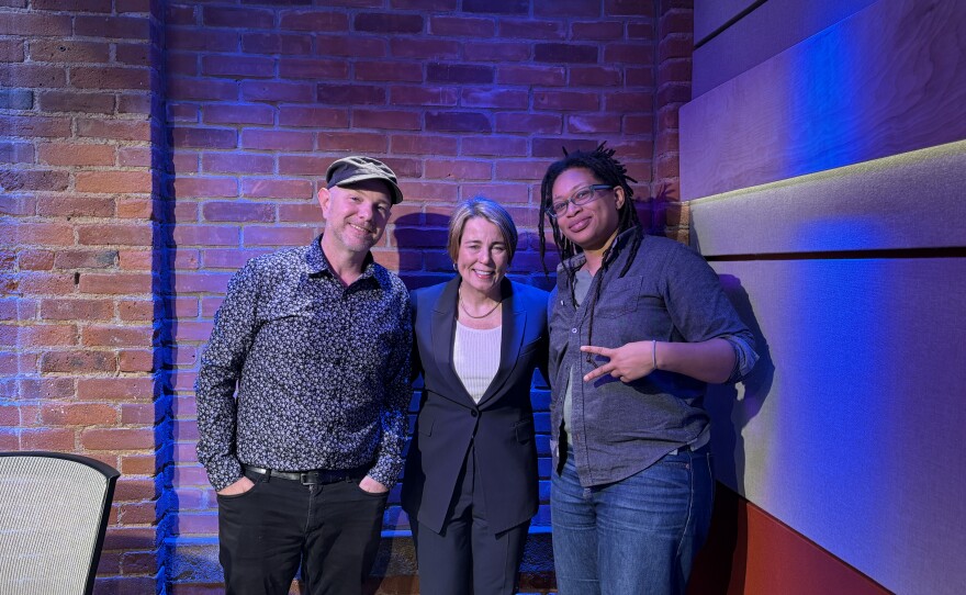 Governor Maura Healey (center), with the Hosts of the Fabulous 413 at the NEPM Studios.