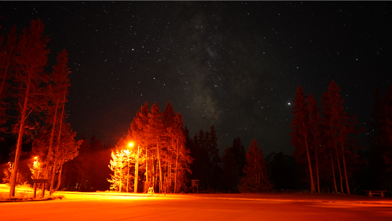 Red streetlights in Grand Teton National Park.
