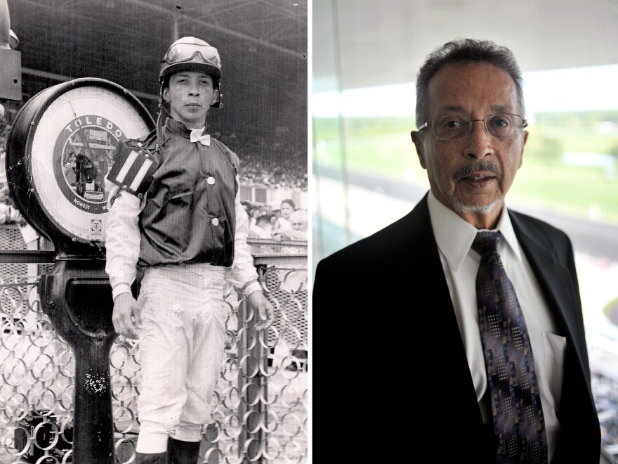 (Left) Eddie Arroyo weighs in at Arlington Park in Chicago in the late 1960s. (Right) Eddie Arroyo at the same park in July 2016.