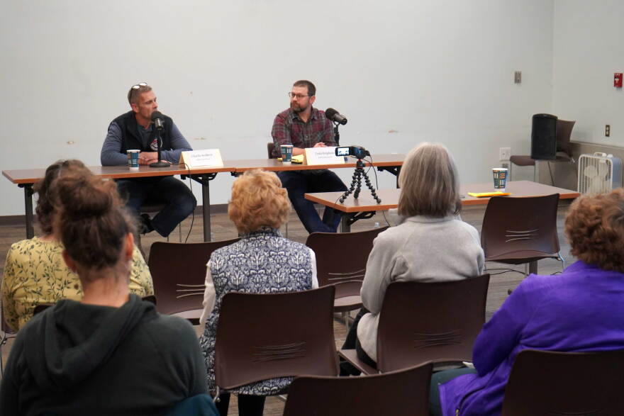 Charlie Redfern and Todd Brigham participate in a candidate forum hosted by KDLL 91.9 FM at the Soldotna Public Library in Soldotna, Alaska, on Wednesday, Oct. 7, 2026.
