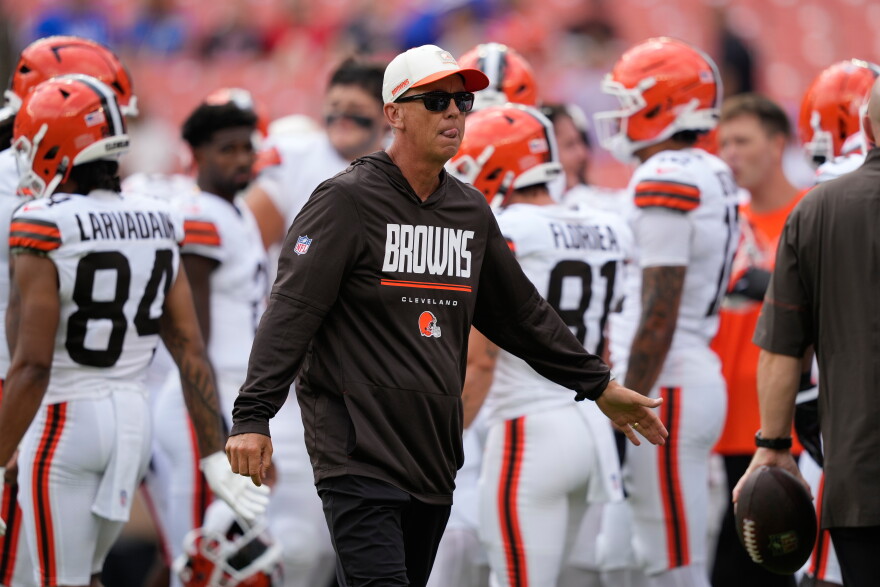 Cleveland Browns head coach Todd Monken stands on the field before a preseason NFL football game against the Buffalo Bills, Saturday, Aug. 22, 2026, in Cleveland. 