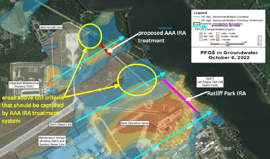 A map submitted by Cathy Wusterbarth, with Need Our Water, to the USAF during public comment on the proposed treatment system for contamination in the Alert Aircraft Area. The proposed extraction wells are indicated with a red line, where PFAS levels are at their "highest concentrations." The yellow circles highlight nearby hotspots that are not addressed in the plan.