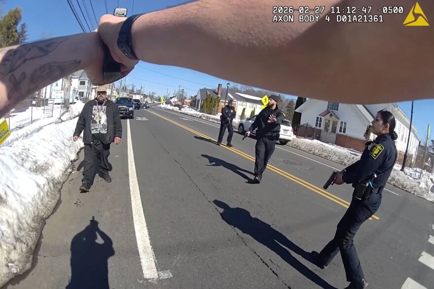 Steven Jones (left) was shot by Hartford PD officer Joseph Magnano (POV) on February 27, 2026 on Blue Hills Avenue in Hartford. Officers Josue Charles (back right), James Prignano (center right), and Jackeline Torres (front right) also responded to the call. In this moment, from Magnano’s body camera, Prignano can be heard saying, “Mag, Mag, Mag, Mag chill.”