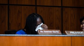 Ferguson-Florissant Board of Education President Courtney Graves wipes tears Wednesday, Oct. 10, 2018, while discussing options for closing schools in the district.