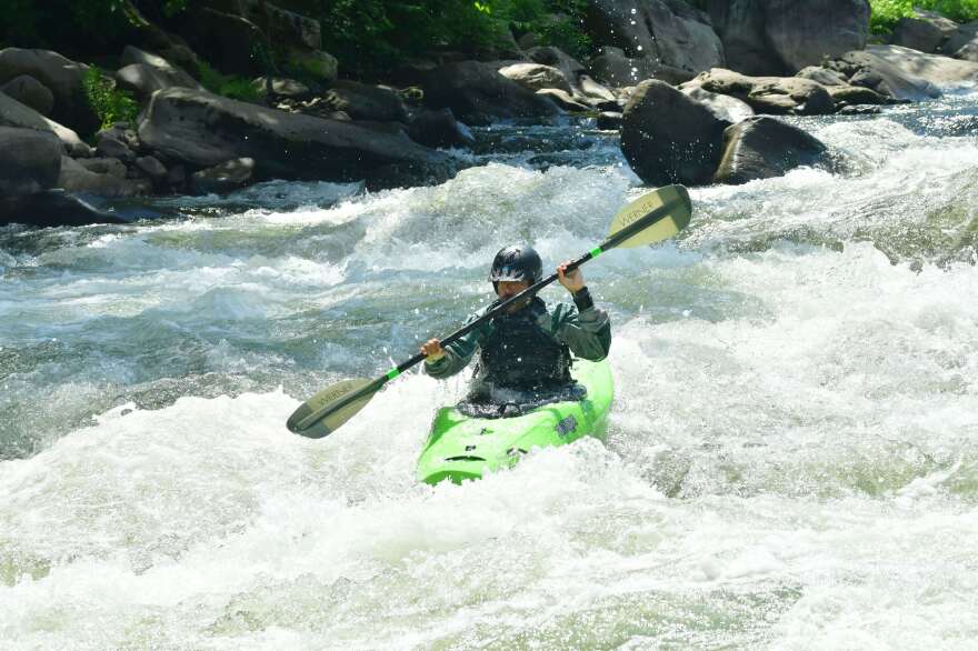 Rolando Arrieta kayaks on the Lower Youghiogheny River in Pennsylvania.