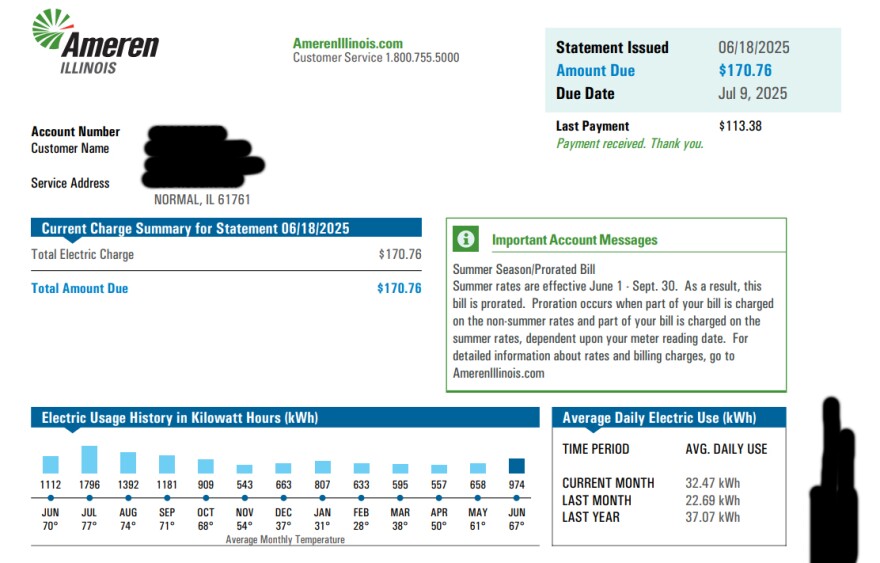 An electric utility bill, showing a $170.76 monthly charge