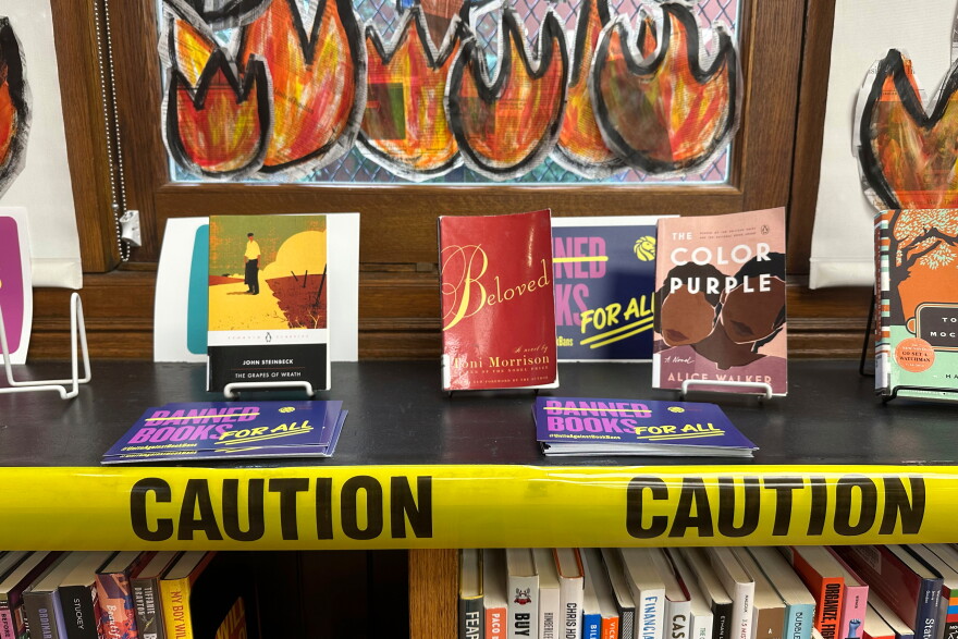 FILE - A Banned Books Week display stands at the Mott Haven branch of the New York Public Library in the Bronx borough of New York City, Oct. 7, 2023.