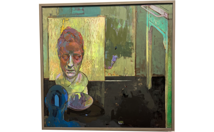 Jessie Fisher, "Plaster Head with Table" Ink and flashe on linen.
