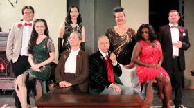 Cast of 'The Game's Afoot' [back row]: Dalton Foose, Kieran Strosser, Cindi Heimberg and Louise Monaco; [front row, seated]: Peyton McCarthy, Deanne Boozer, Scott Carpenter and Marie Baptiste.