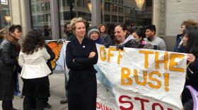 Cynthia Nixon stands with immigration activists in downtown Syracuse. TOM MAGNARELLI / WRVO PUBLIC MEDIA