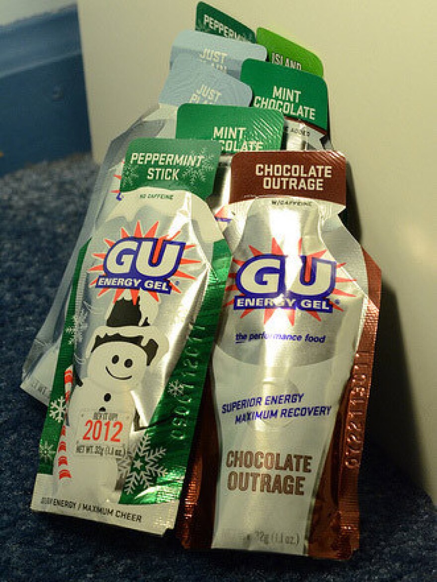GU energy gels, pictured above, come in caffeinated and noncaffeinated flavors. Of the gels pictured above, Chocolate Outrage, Mint Chocolate, Island Nectar and Just Plain all contain caffeine, while Peppermint Stick doesn't.