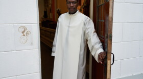 Father Emmanuel Mulenga is streaming online from St. Augustine Catholic Church of New Orleans during the COVID-19 pandemic. New Orleans, Louisiana. April 9, 2020.