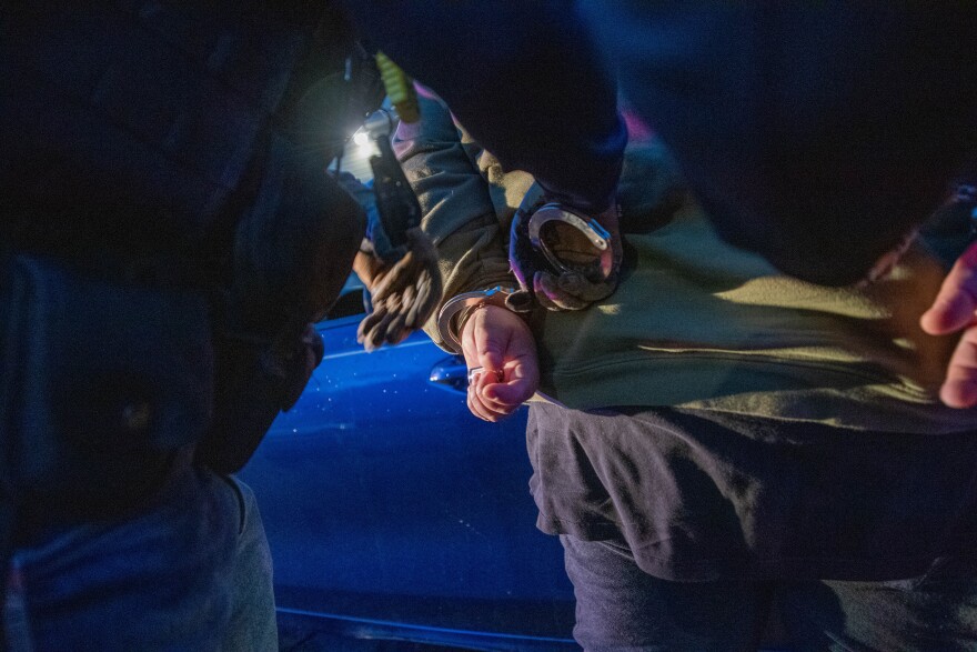 In a file photo from the Defense Visual Information Distribution Service, ICE officers arrest a man in 2022 in Manassas.