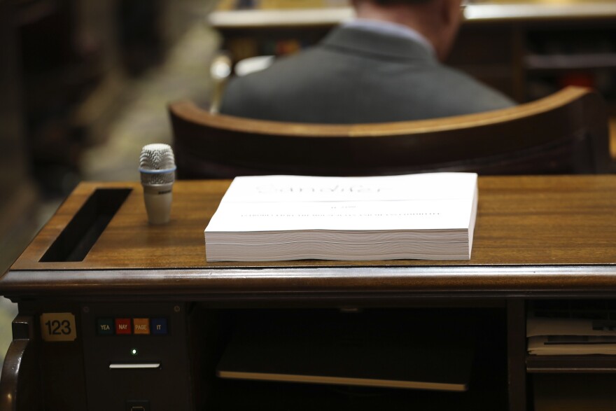 A copy of the South Carolina House's 2024-25 budget sits on the desk of a member on Tuesday, March 5, 2024, in Columbia, S.C. (AP Photo/Jeffrey Collins)