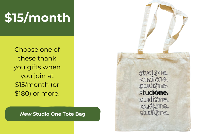 Get the new Studio One tote bag at $15/month! An ivory canvas tote bag with the Studio One logo repeating vertically in black.