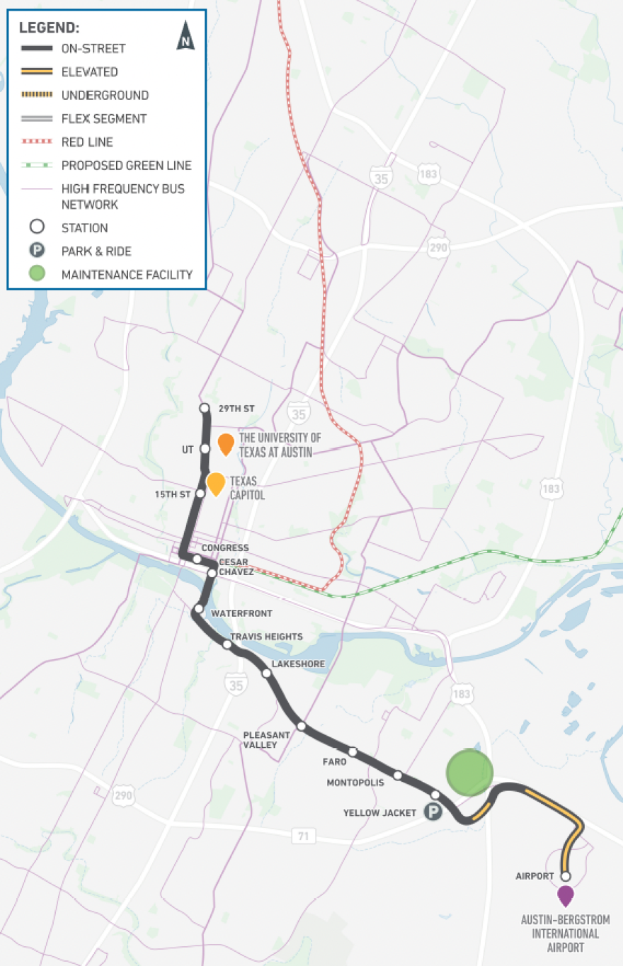 A map showing the 29th to Airport light-rail option