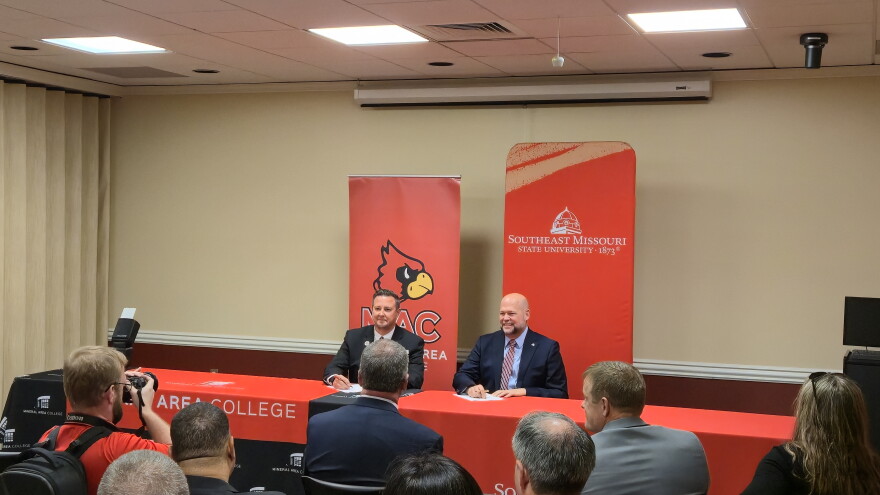 Mineral Area College President Dr. Joe Gilgour (left) and SEMO President Dr. Brad Hodson (right) meet at the University Center at Southeast Missouri State University in Cape Girardeau on Fri. Oct. 30, 2026, to sign a new partnership agreement between the higher-education institutions. 