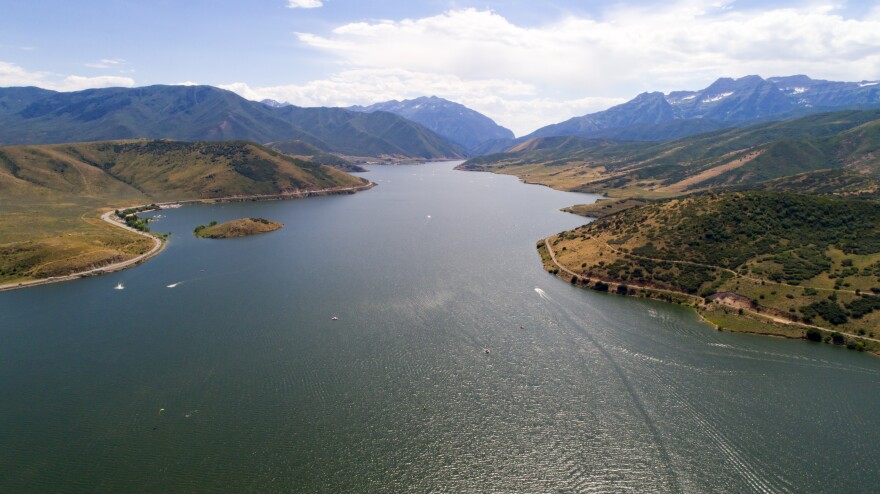 An aerial view of Deer Creek Reservoir at Deer Creek State Park in Wasatch County.