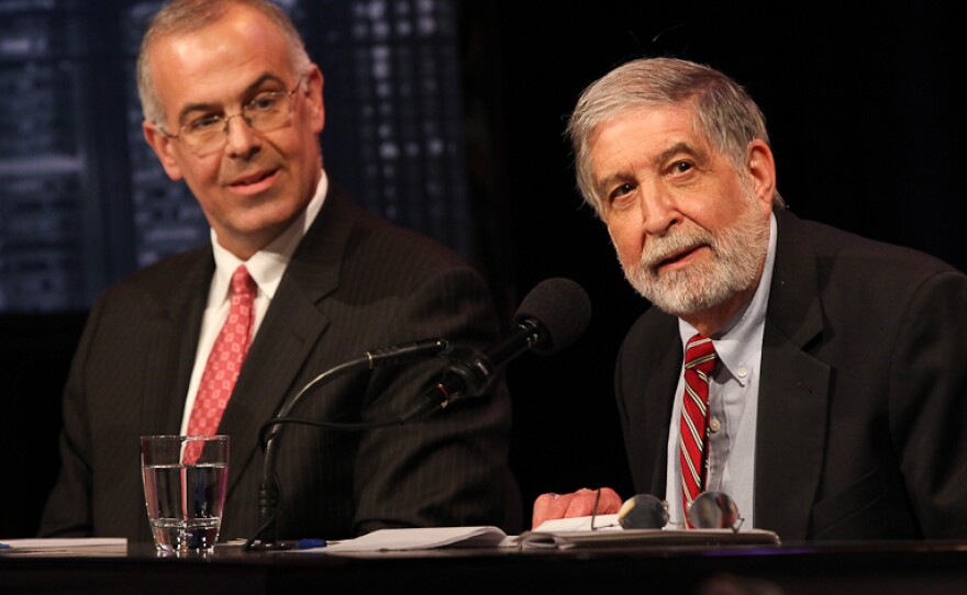 David Brooks (left) and Mickey Edwards argue in favor of the Republican Party seizing the center in an <em>Intelligence Squared U.S.</em> debate.