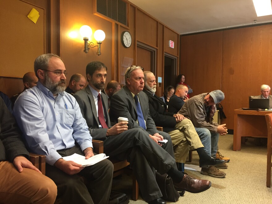 Members of the audience for the N.H. marijuana study commission's final meeting Oct. 22, 2018. Seated in middle, wearing ties, are Matt Simon of the Marijuana Policy Project and Rep. Renny Cushing, D-Hampton (blue tie).