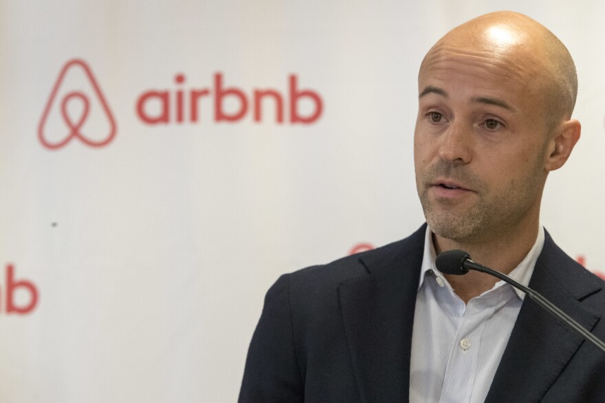 Airbnb Public Policy manager Josh Meltzer, speaks during a news conference, Wednesday, Aug. 15, 2018, in New York.